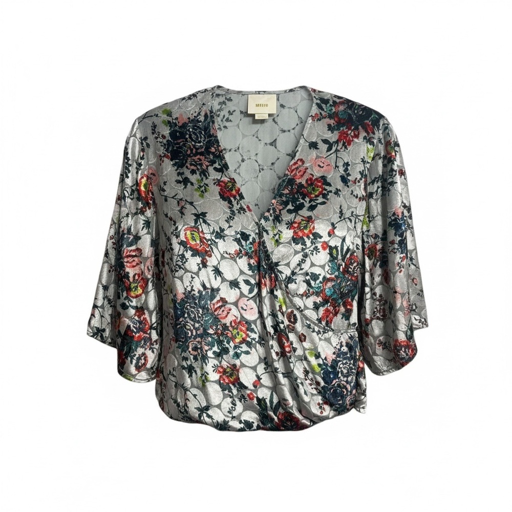 Maeve Anthropology Metallic Floral Wrap Blouse Silver Kimono Sleeve Top XS